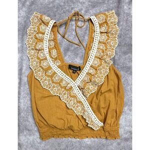 Broadway 38 Mustard Yellow Eyelet Lace Boho Crop Top Small Smocked Waist Cotton